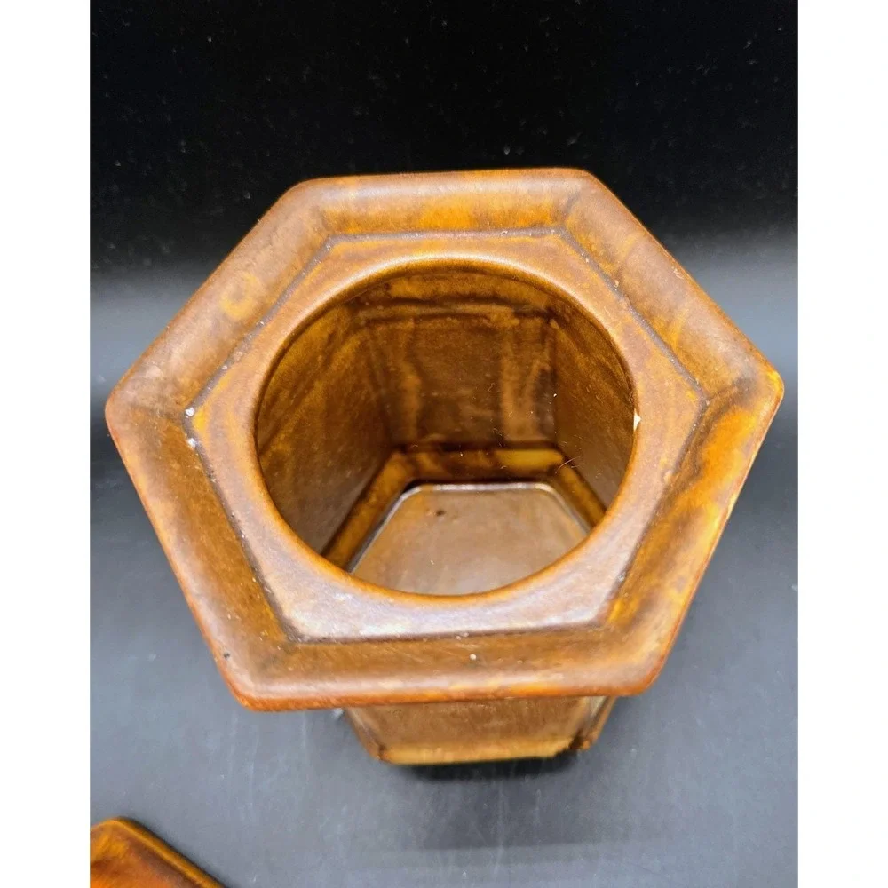 Vintage Royal Haeger Brown Dripware Pottery Canister‎ Hexagonal W Lid 7.5